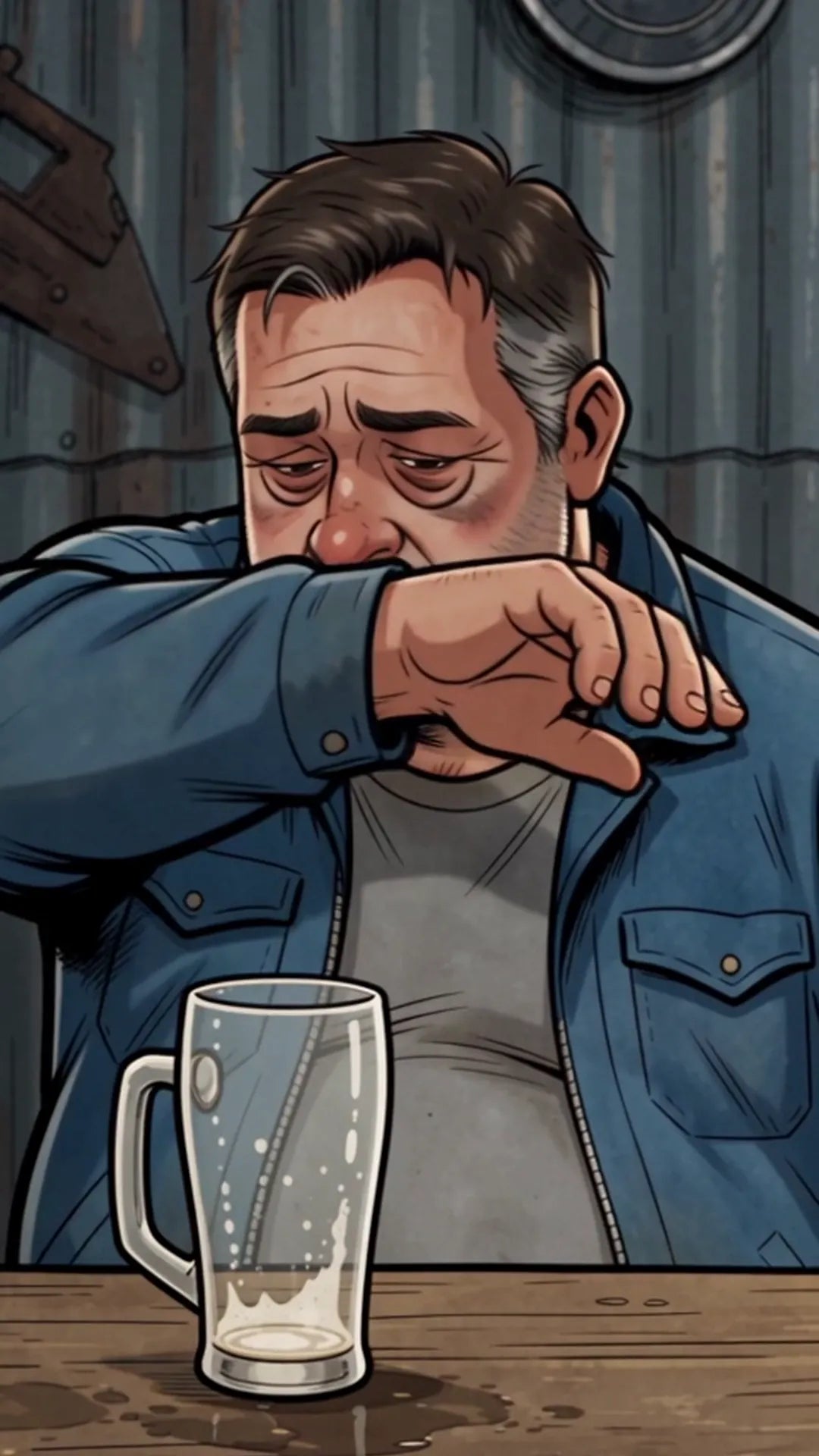 Le gars fatigué devant sa bière vide