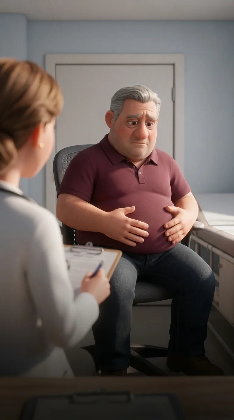 Raymond chez le médecin, les mains sur le ventre